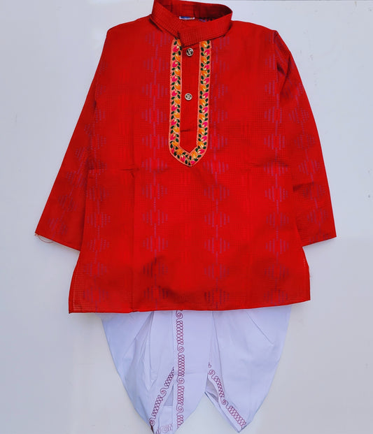 Hovea Kids Maroon cotton printed dhoti kurta Set for Boys