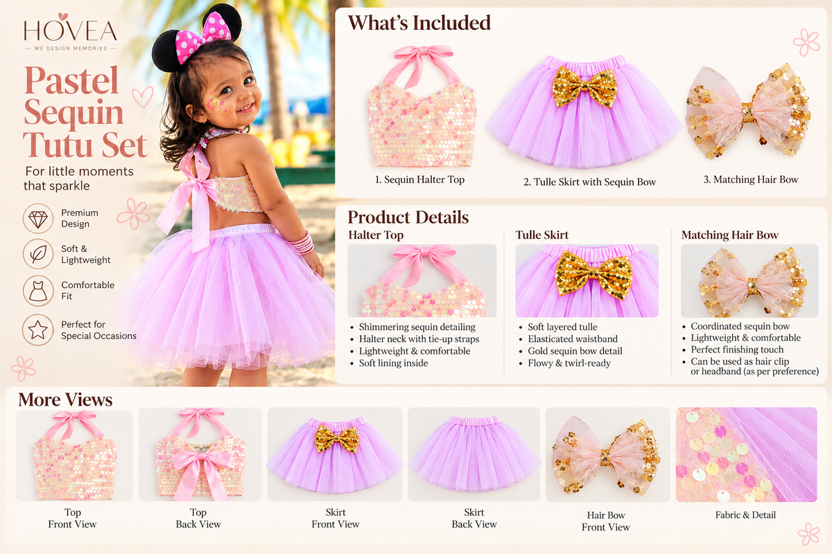 Girls Pastel Sequin Tutu Skirt Top Set | Sparkle Partywear Outfit – Hovea
