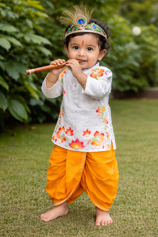 Happyjunglee Hand Painted Cotton Chickenkari Kurta Set for Boys (0–10 Yrs)