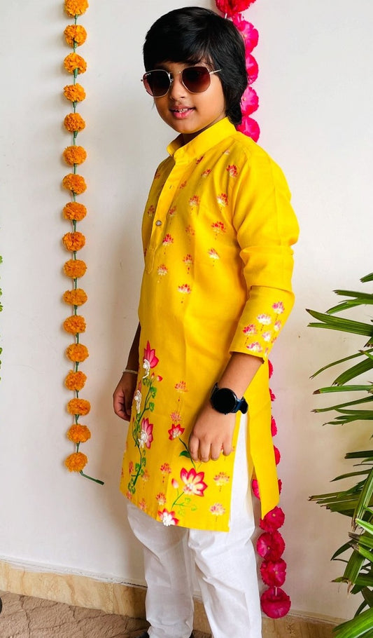 Happyjunglee Kids Floral Hand Painted Kurta Set for Boys – Cotton Traditional Wear