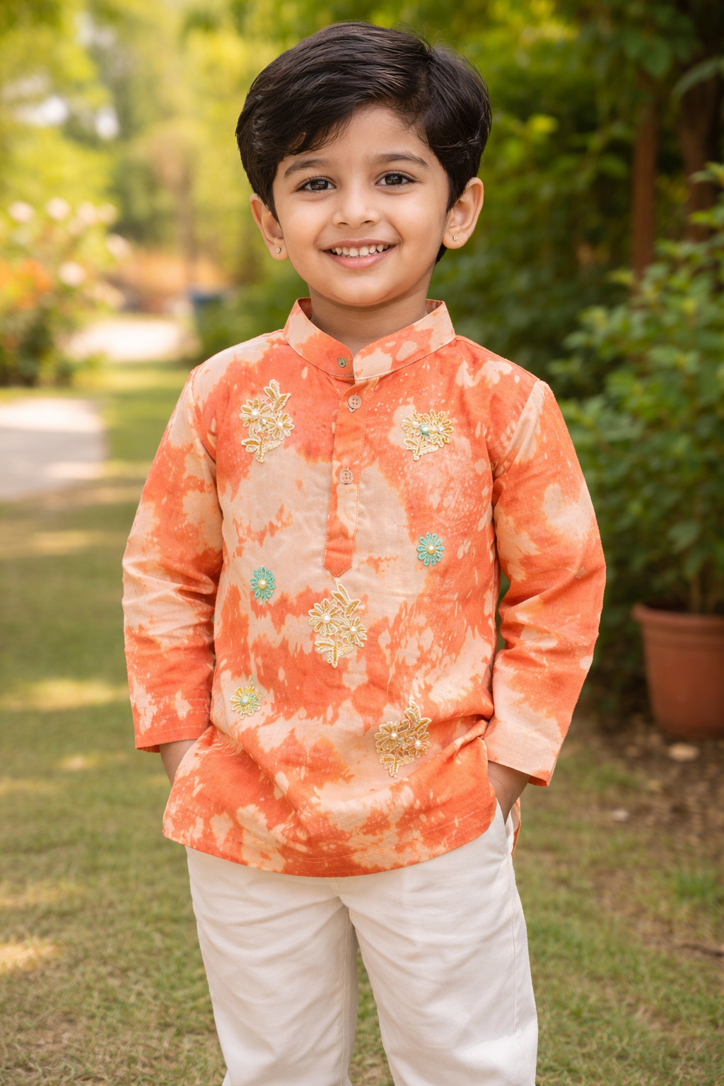 Orange Tie Dye Cotton Kurta Set for Boys | Festive Kurta Pajama for Baby & Kids