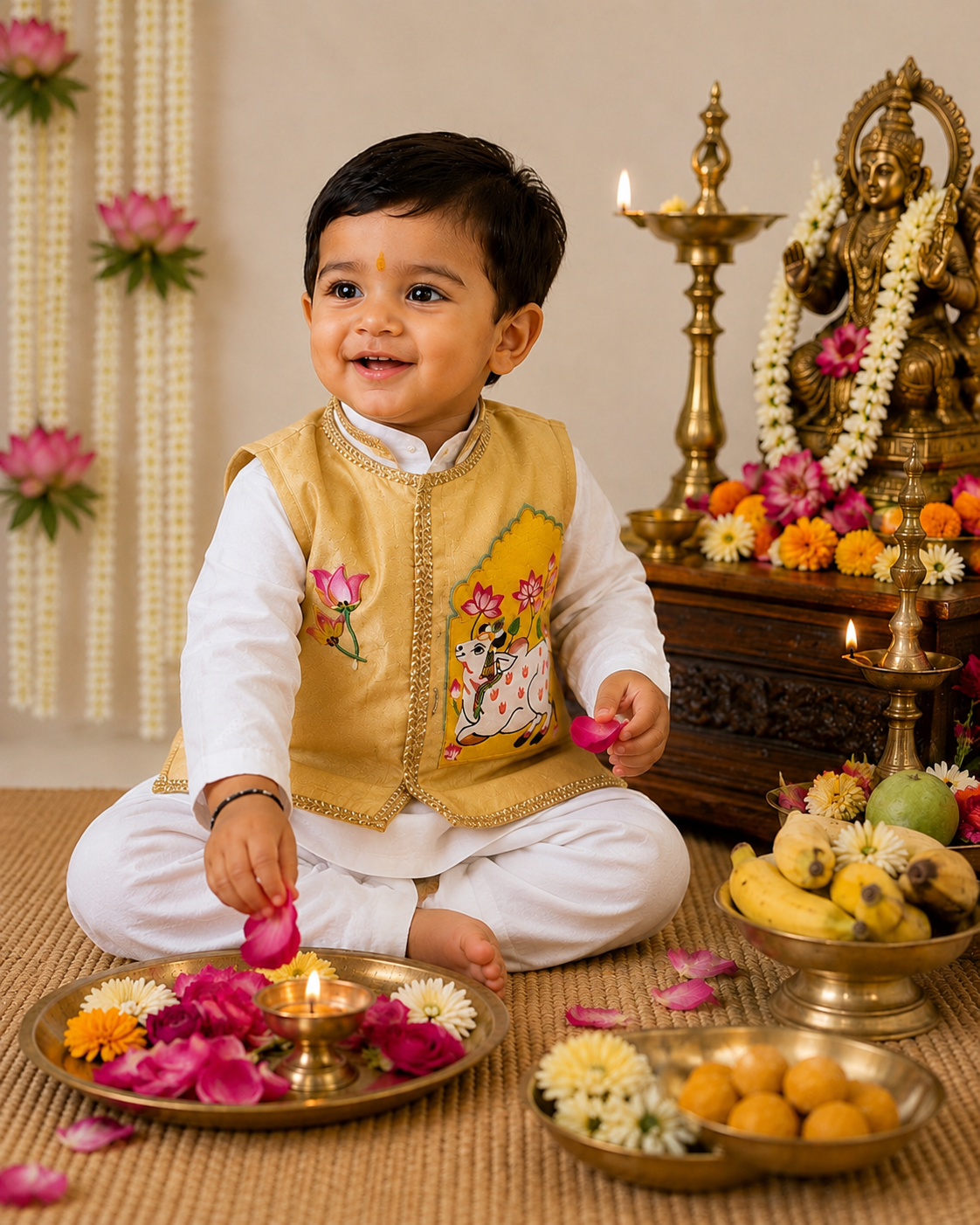 Hovea Hand painted jacket with Cotton lakhnavi kurta dhoti set