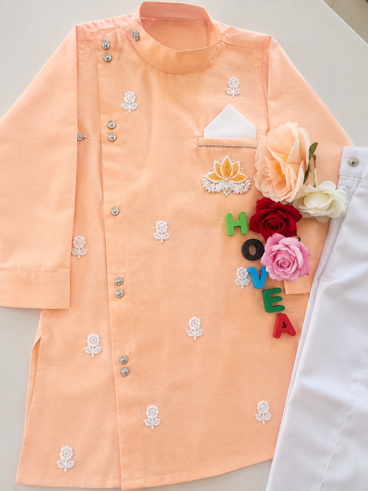 Boys Peach Sherwani style kurta pant set for traditional Occasions like festivals like Diwali, Onam, Durga Puja/Dussehra, Janmashtami, Raksha Bandhan, Eid Ul Fitr, Ganesh Chaturthi, Navratri, Diwali etc.