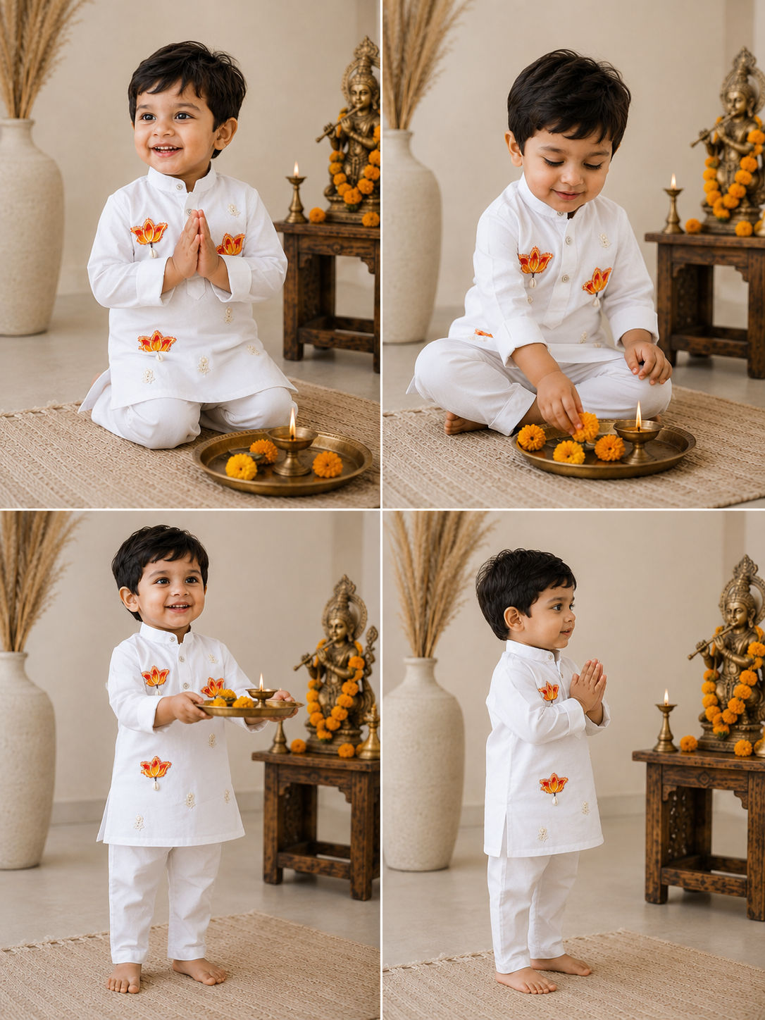 Hovea Ethnic Lotus Appliqued Cotton White kurta and Yellow Dhoti