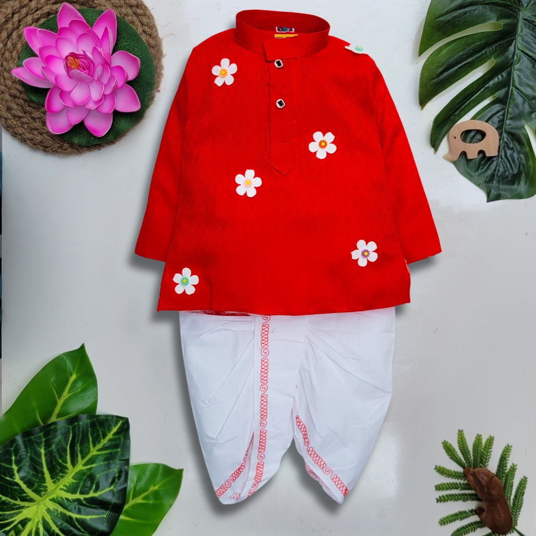 babyNjungle -Infant-Toddler-100% cotton Ethnic Wear embellished flower dhoti kurta set for Boys