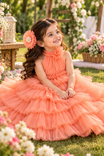 Peach Ruffle Frock for Girls | Party Wear Dress with Hair Accessory | Hovea