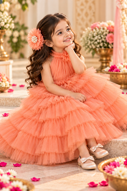 Peach Ruffle Frock for Girls | Party Wear Dress with Hair Accessory | Hovea