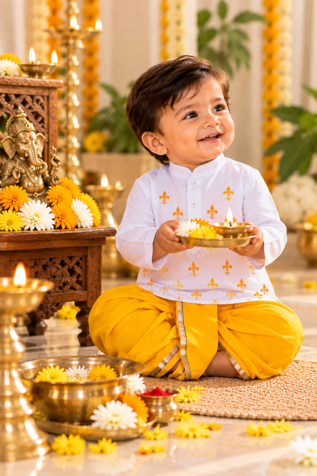 Baby boy wearing white yellow kurta dhoti set during pooja