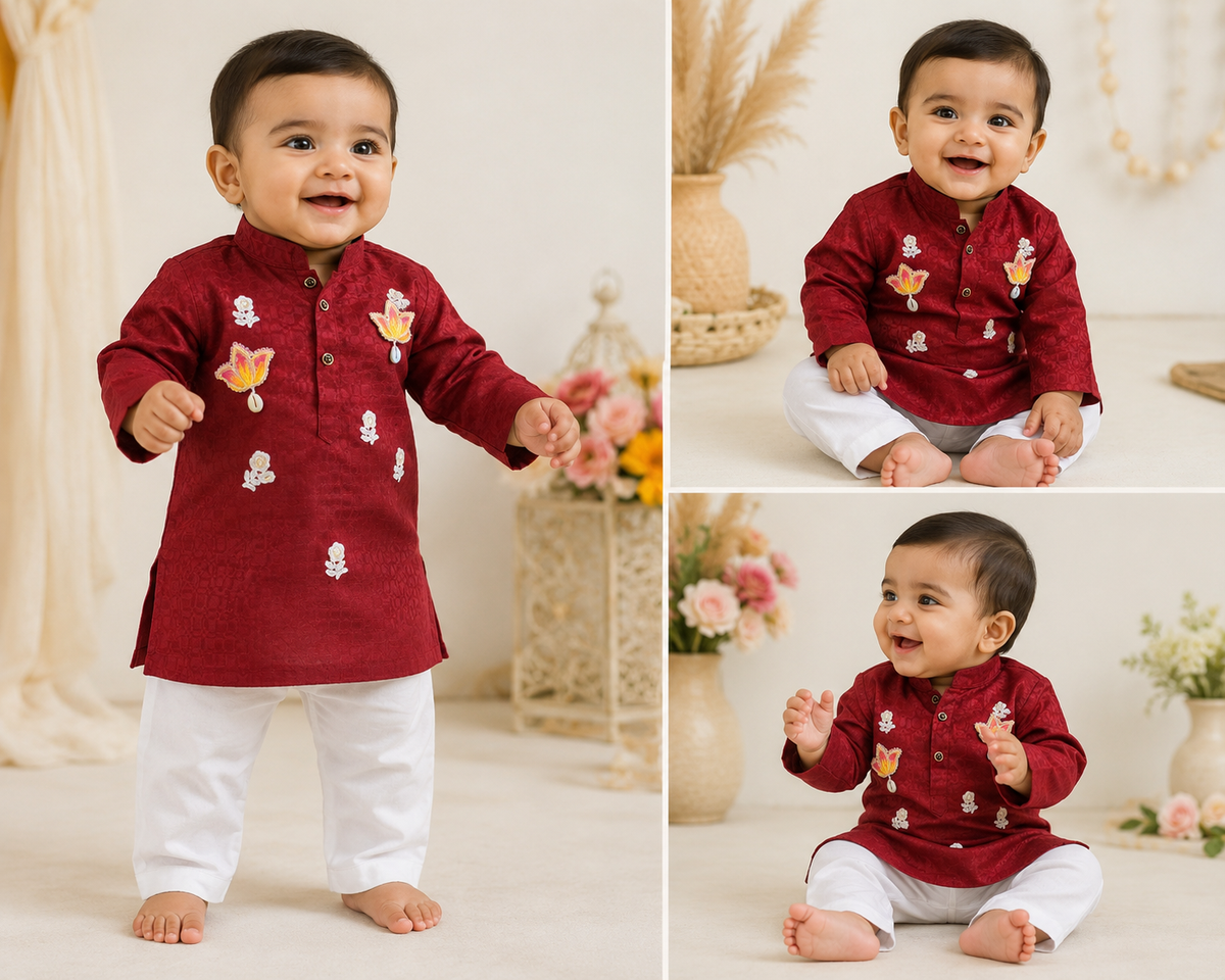 Hovea Maroon Cotton Ethnic wear kurta set for Boys
