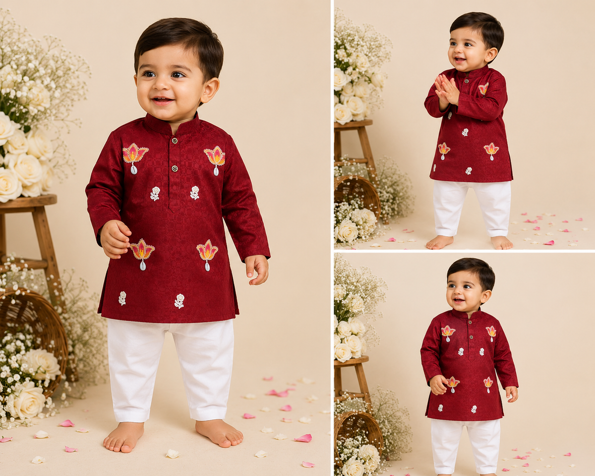 Hovea Maroon Cotton Ethnic wear kurta set for Boys