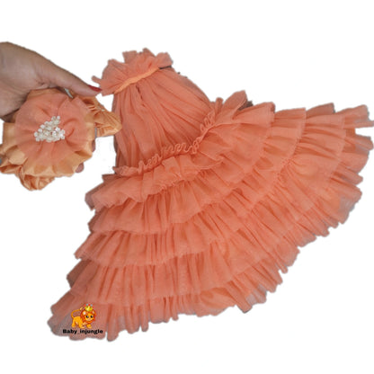 Peach Ruffle Frock for Girls | Party Wear Dress with Hair Accessory | Hovea