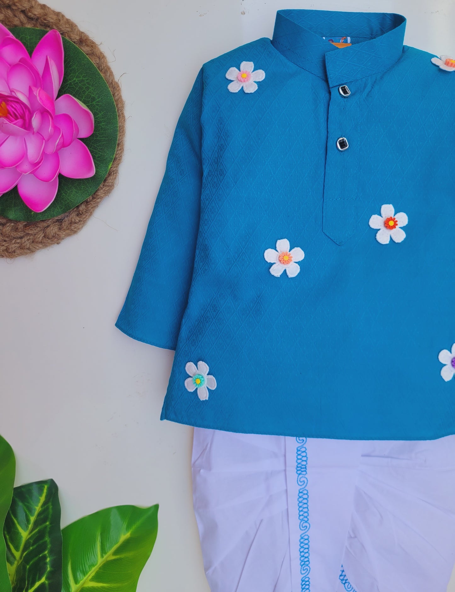 babyNjungle -Infant-Toddler-100% cotton Ethnic Wear embellished flower dhoti kurta set for Boys
