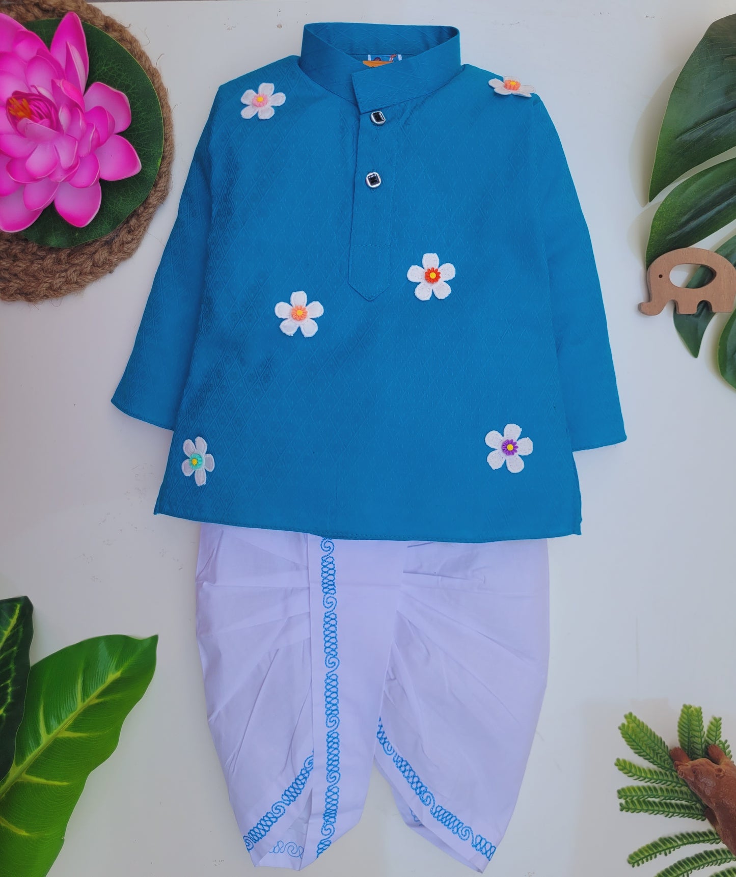babyNjungle -Infant-Toddler-100% cotton Ethnic Wear embellished flower dhoti kurta set for Boys