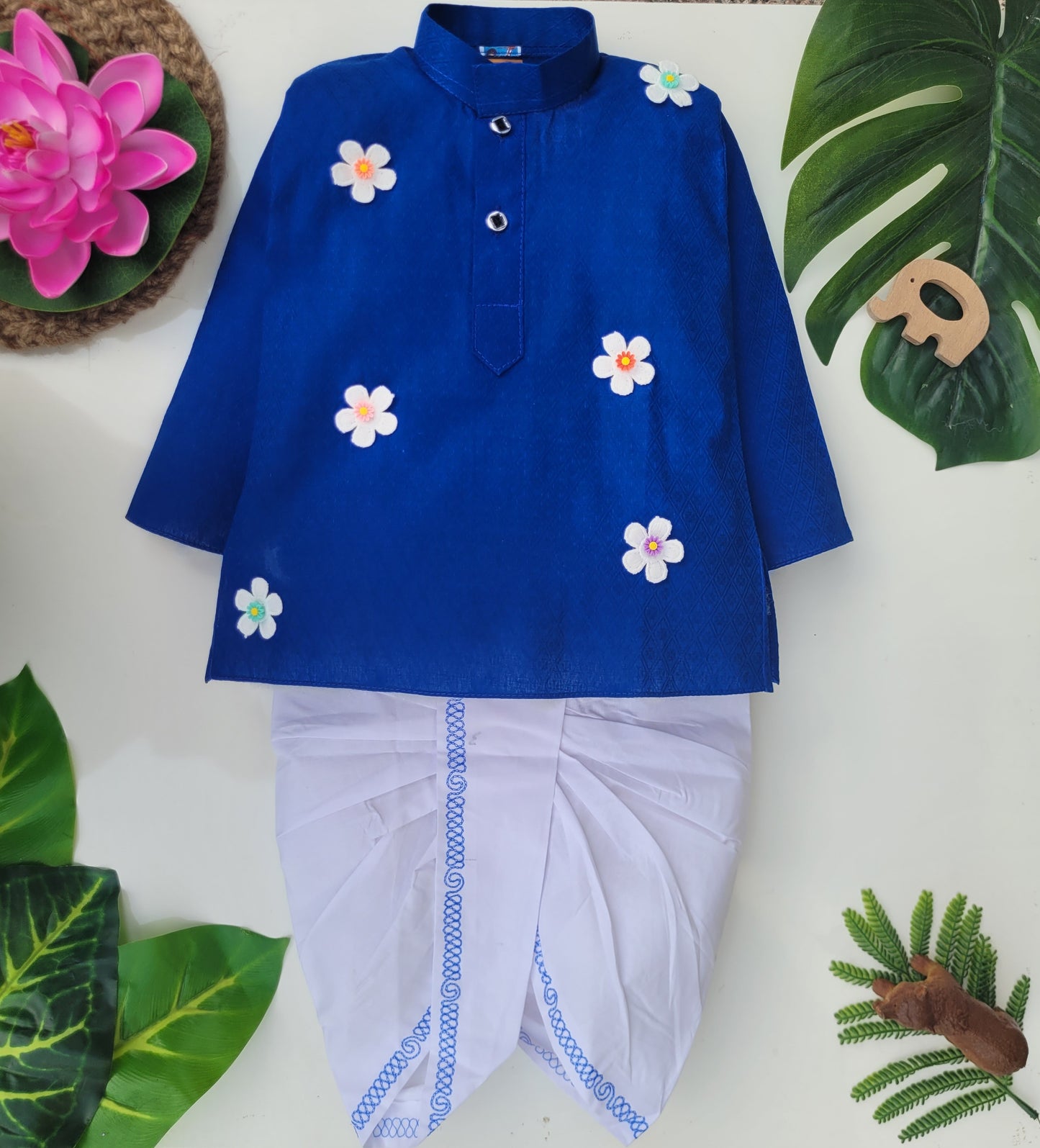 babyNjungle -Infant-Toddler-100% cotton Ethnic Wear embellished flower dhoti kurta set for Boys