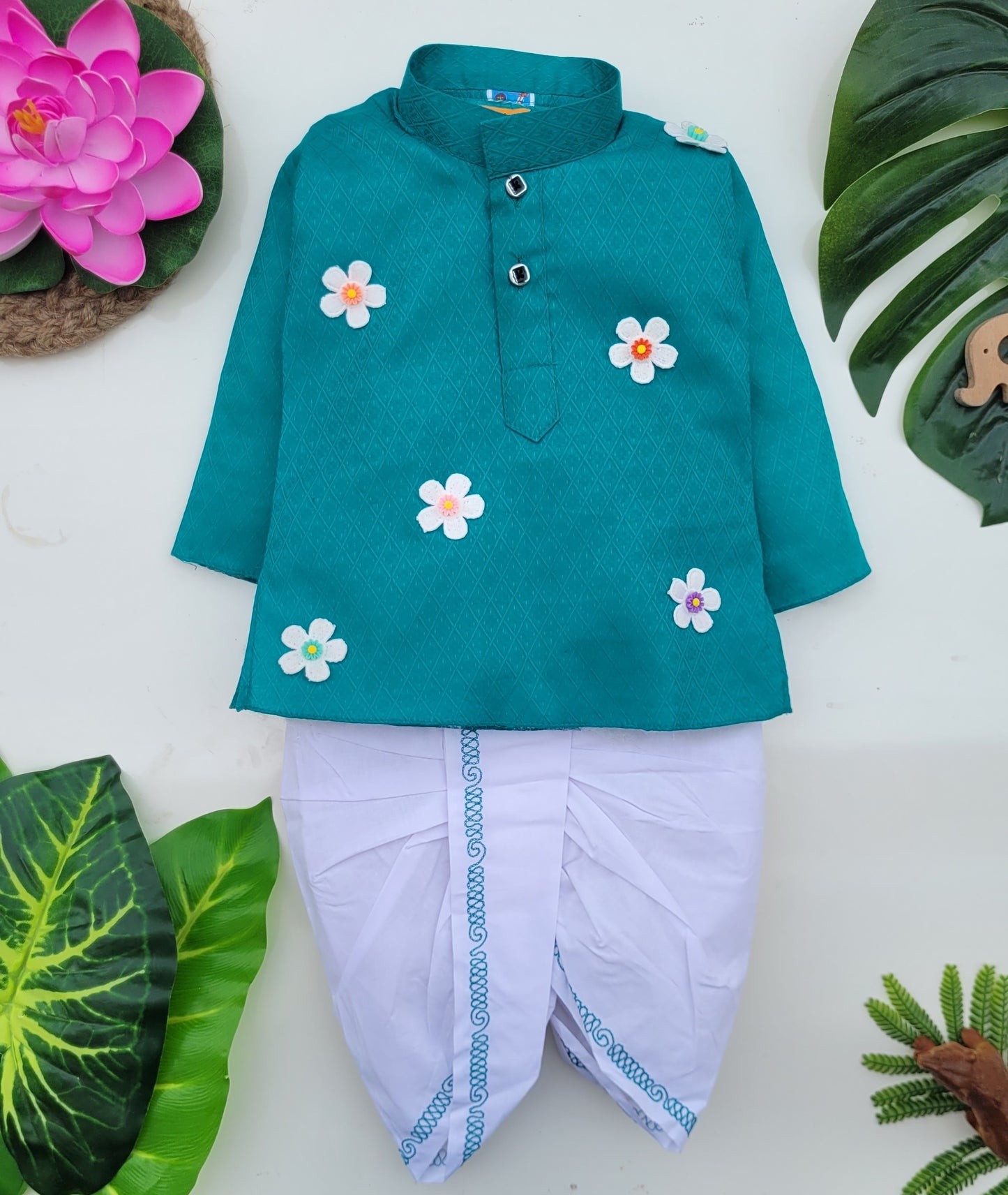 babyNjungle -Infant-Toddler-100% cotton Ethnic Wear embellished flower dhoti kurta set for Boys