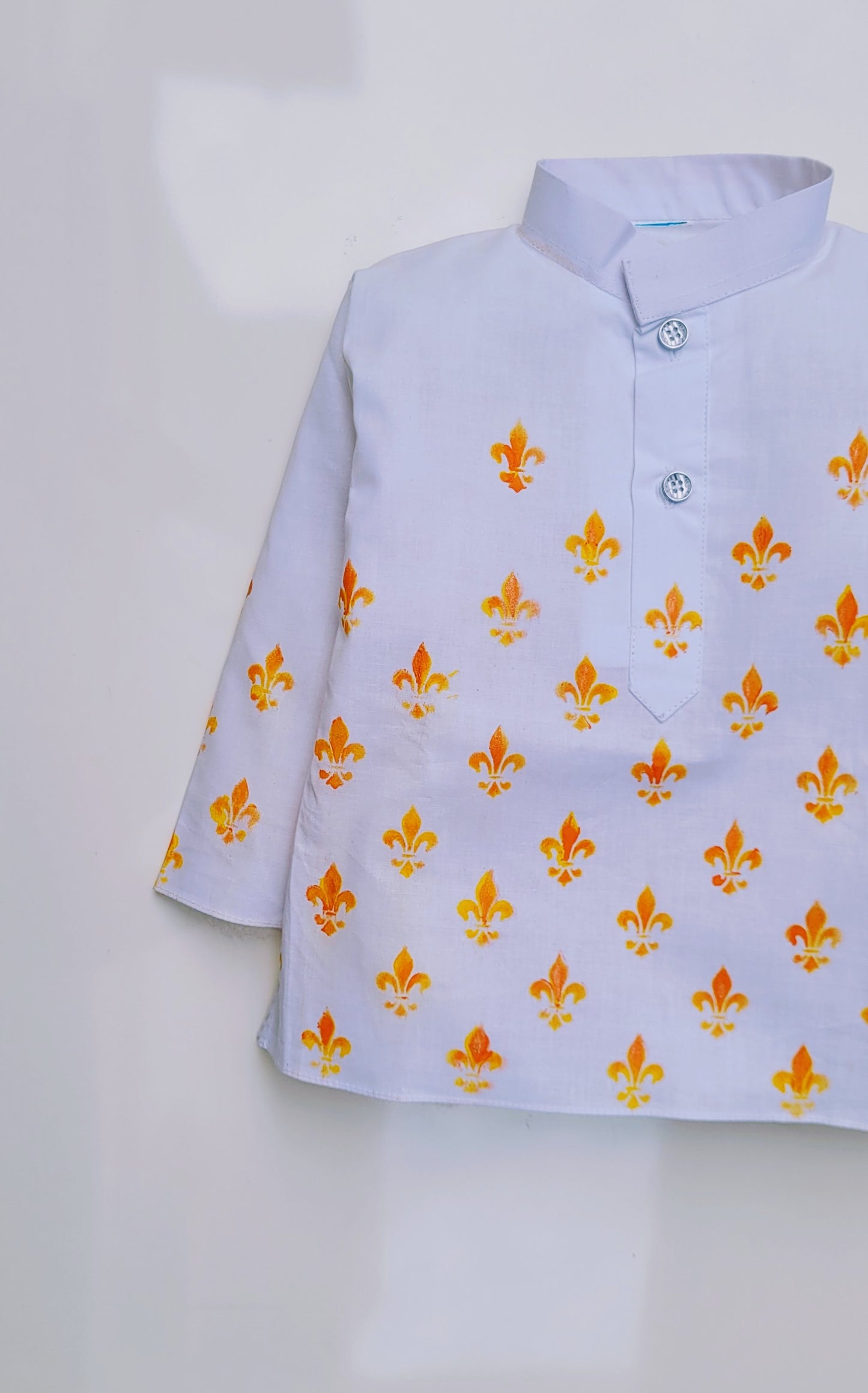 Babynjungle kids Cotton hand Printed dhoti  white n yellow  Kurta Set for Boys