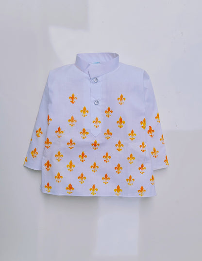 Babynjungle kids Cotton hand Printed dhoti  white n yellow  Kurta Set for Boys