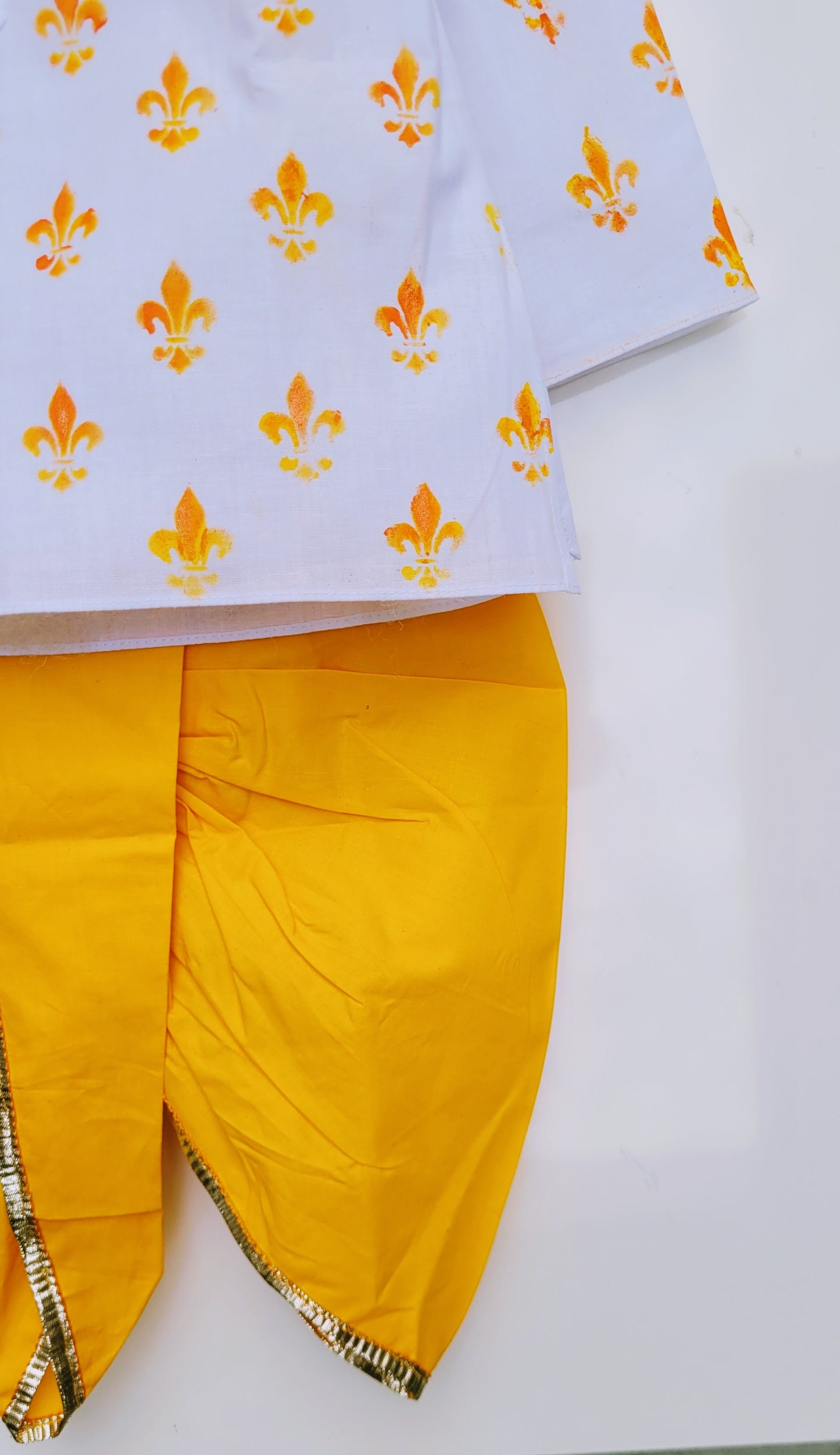 Babynjungle kids Cotton hand Printed dhoti  white n yellow  Kurta Set for Boys