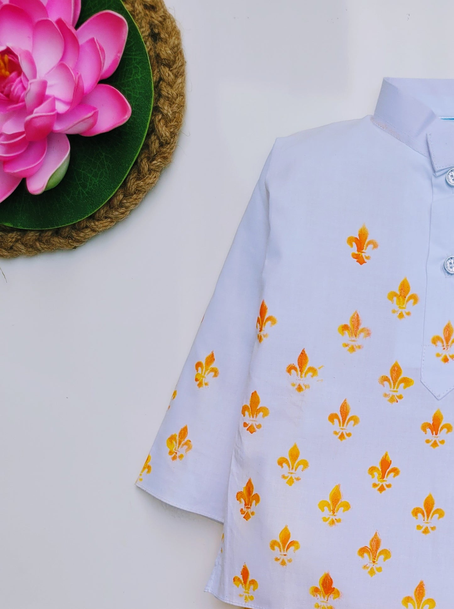 Babynjungle kids Cotton hand Printed dhoti  white n yellow  Kurta Set for Boys