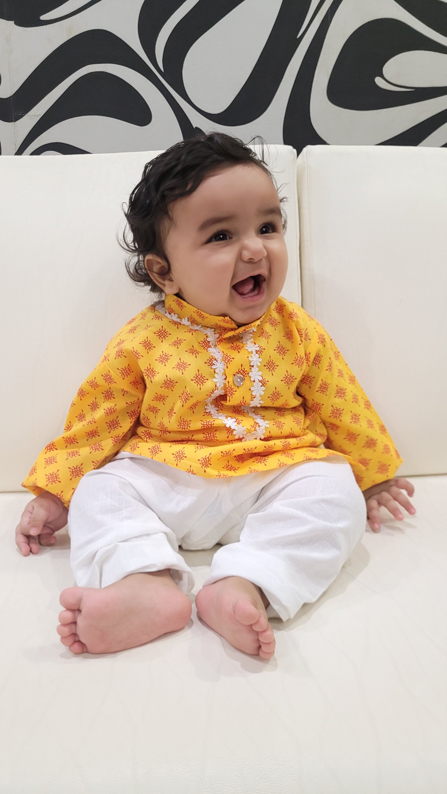 yellow printed traditional kurta set for boys