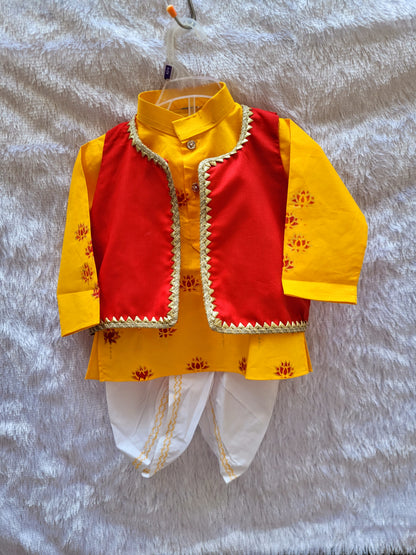 Boys straight style cotton Yellow kurta with Red jacket and pyjama