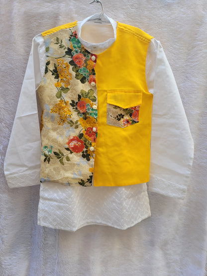 Boys yellow floral Nehru jacket with white kurta pajama festive ethnic wear