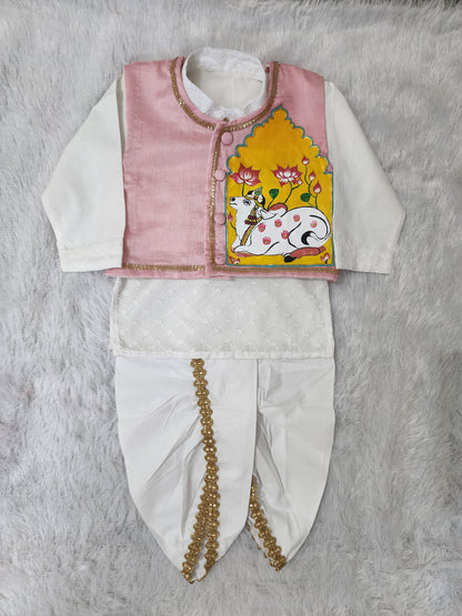Hovea Hand painted jacket with Cotton lakhnavi kurta dhoti set