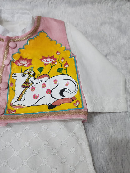 Hovea Hand painted jacket with Cotton lakhnavi kurta dhoti set