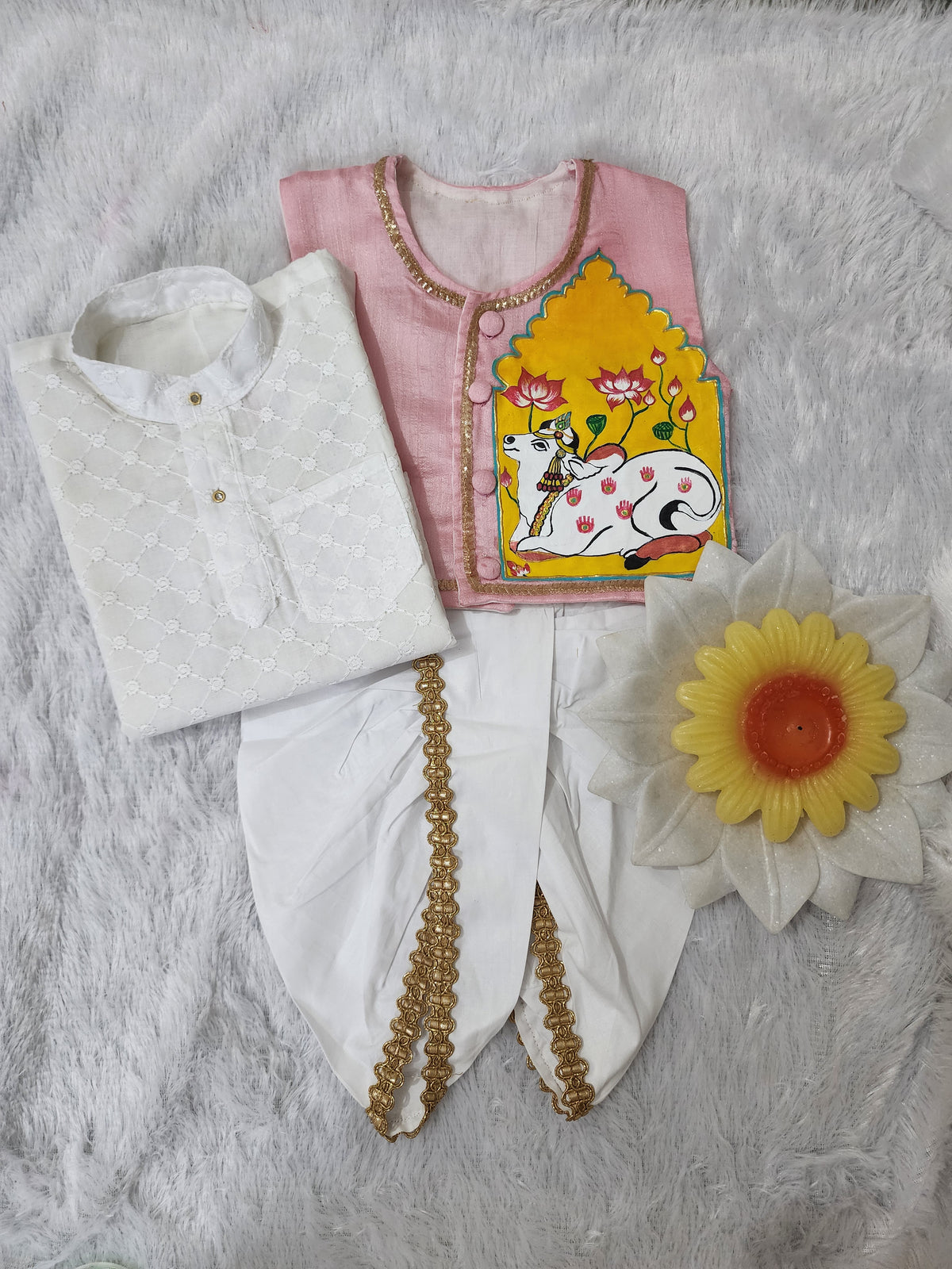 Hovea Hand painted jacket with Cotton lakhnavi kurta dhoti set