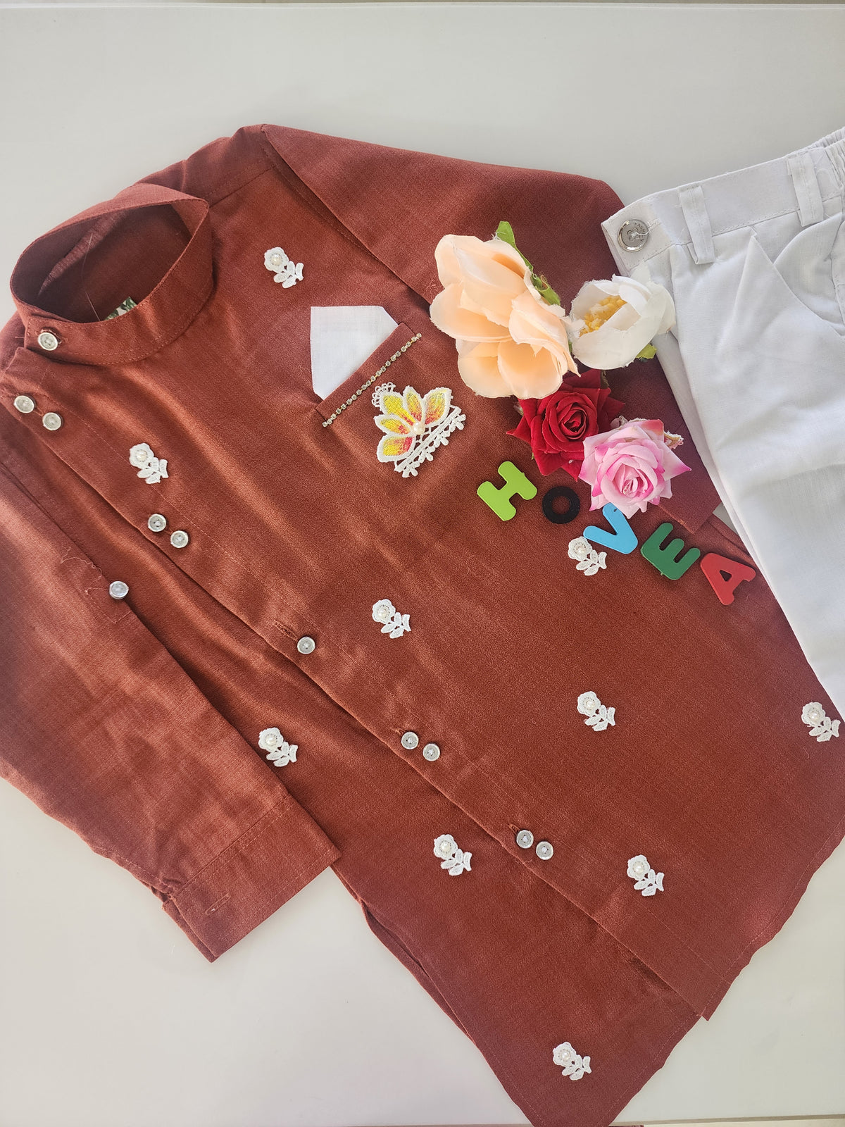Boys Brown Sherwani style kurta pant set for traditional Occasions like festivals like Diwali, Onam, Durga Puja/Dussehra, Janmashtami, Raksha Bandhan, Eid Ul Fitr, Ganesh Chaturthi, Navratri, Diwali etc.
