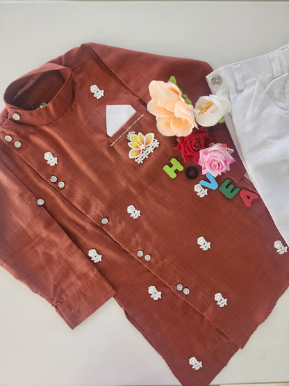 Boys Brown Sherwani style kurta pant set for traditional Occasions like festivals like Diwali, Onam, Durga Puja/Dussehra, Janmashtami, Raksha Bandhan, Eid Ul Fitr, Ganesh Chaturthi, Navratri, Diwali etc.