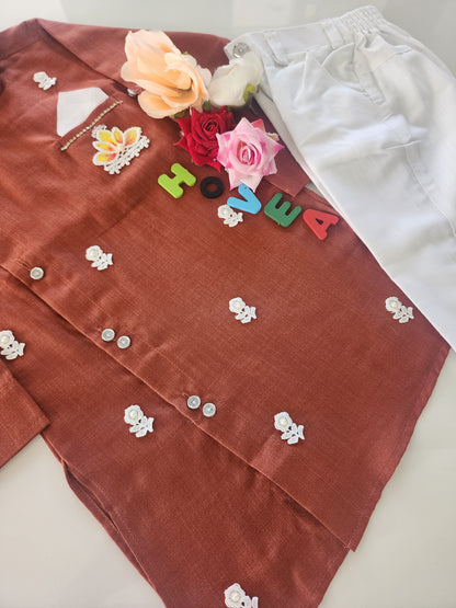 Boys  Rust Brown Sherwani style kurta pant set for traditional Occasions like festivals like Diwali, Onam, Durga Puja/Dussehra, Janmashtami, Raksha Bandhan, Eid Ul Fitr, Ganesh Chaturthi, Navratri, Diwali etc.