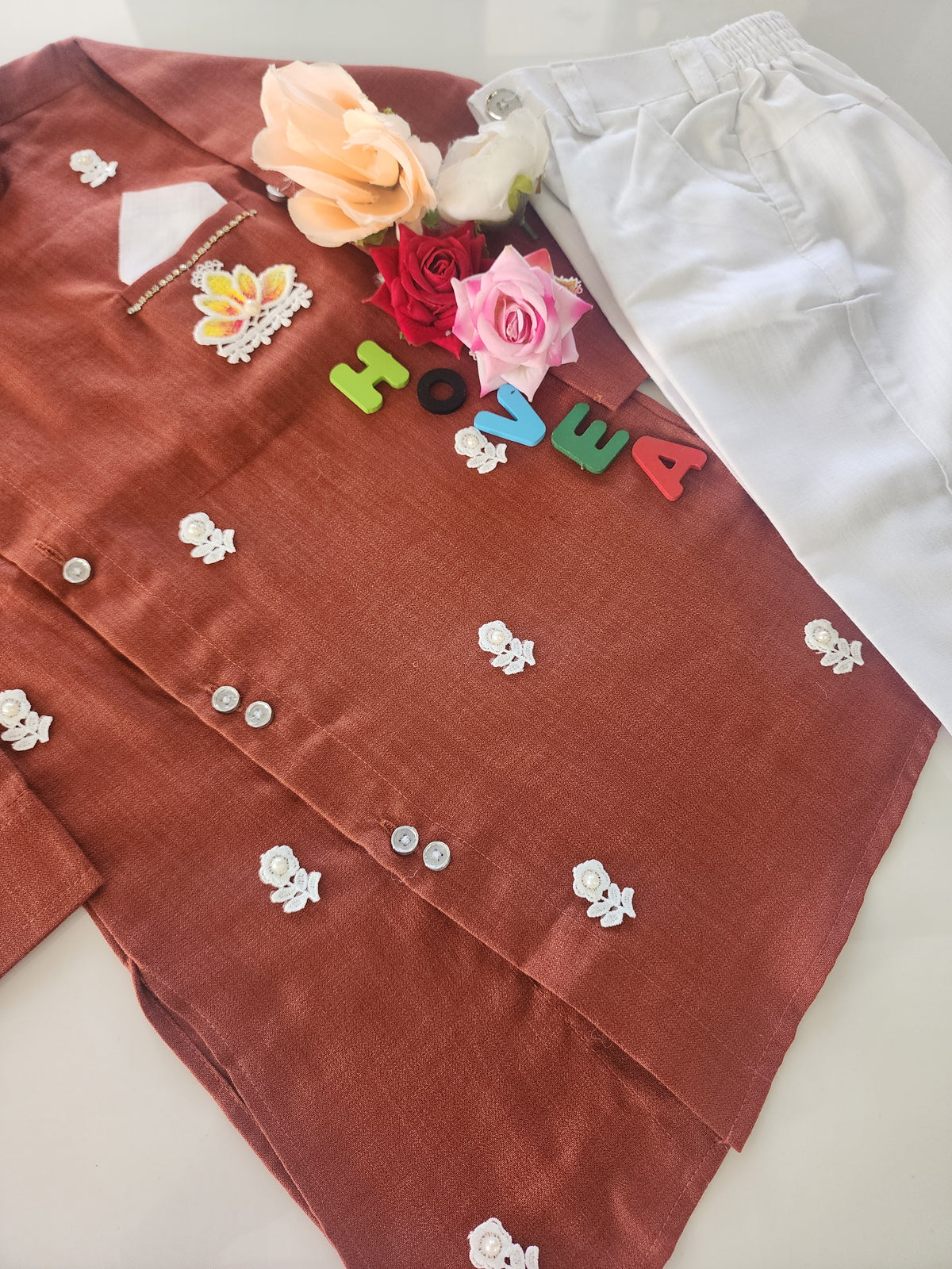 Boys Rust  Brown Sherwani style kurta pant set for traditional Occasions like festivals like Diwali, Onam, Durga Puja/Dussehra, Janmashtami, Raksha Bandhan, Eid Ul Fitr, Ganesh Chaturthi, Navratri, Diwali etc.