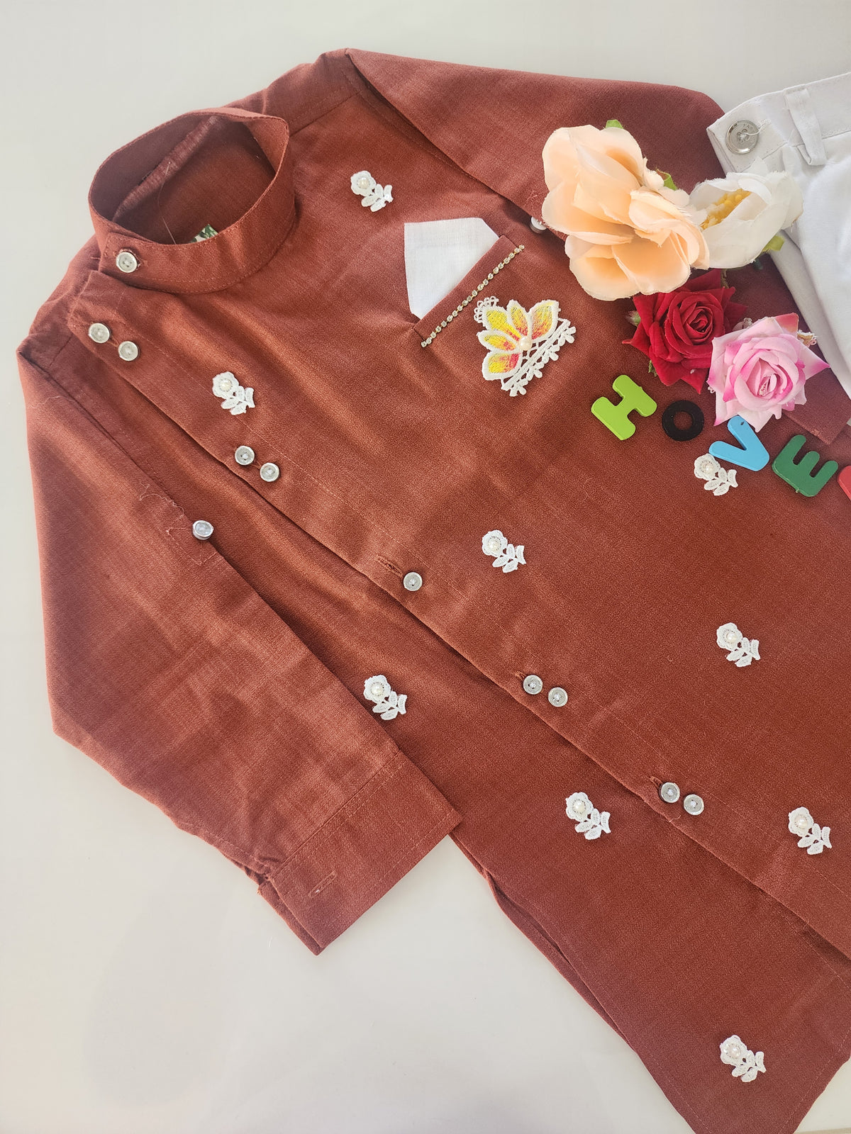 Boys  Rust Brown Sherwani style kurta pant set for traditional Occasions like festivals like Diwali, Onam, Durga Puja/Dussehra, Janmashtami, Raksha Bandhan, Eid Ul Fitr, Ganesh Chaturthi, Navratri, Diwali etc.