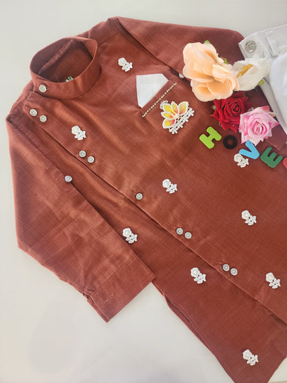 Boys  Rust Brown Sherwani style kurta pant set for traditional Occasions like festivals like Diwali, Onam, Durga Puja/Dussehra, Janmashtami, Raksha Bandhan, Eid Ul Fitr, Ganesh Chaturthi, Navratri, Diwali etc.