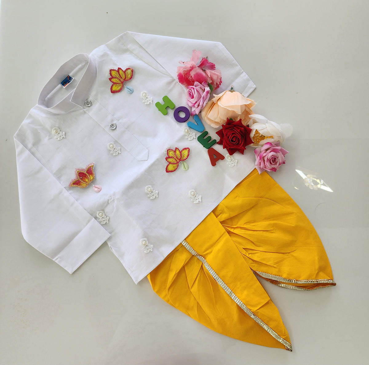 Hovea Ethnic Lotus Appliqued Cotton White kurta and Yellow Dhoti