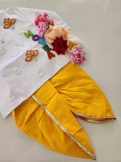 Hovea Ethnic Lotus Appliqued Cotton White kurta and Yellow Dhoti