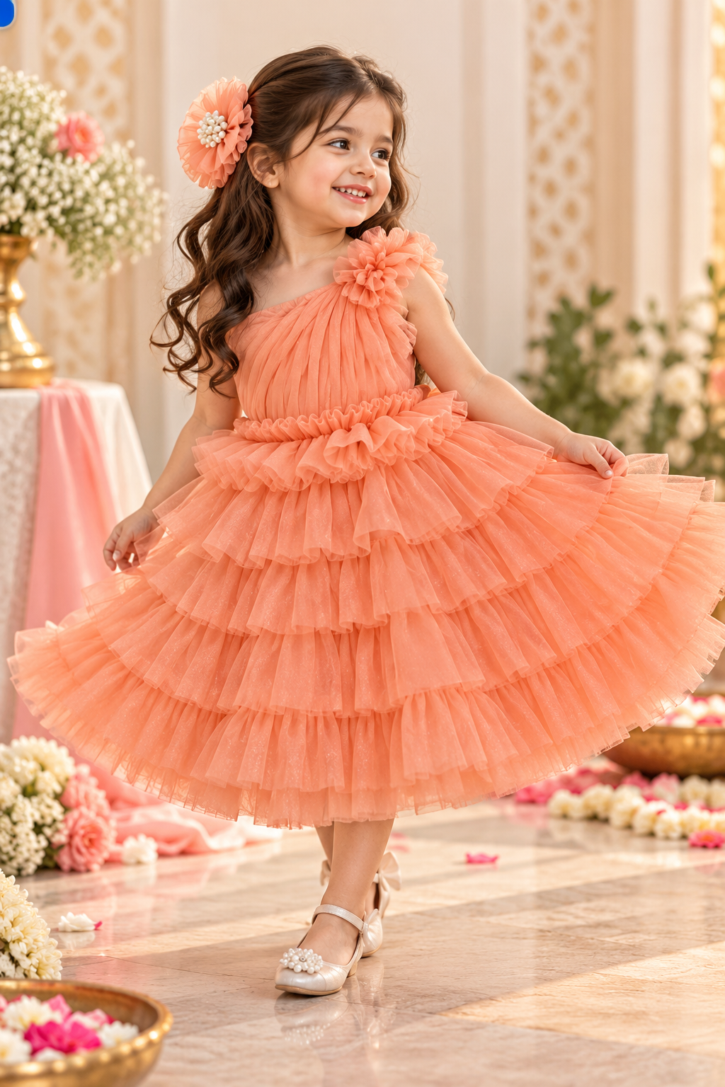 Peach Ruffle Frock for Girls | Party Wear Dress with Hair Accessory | Hovea