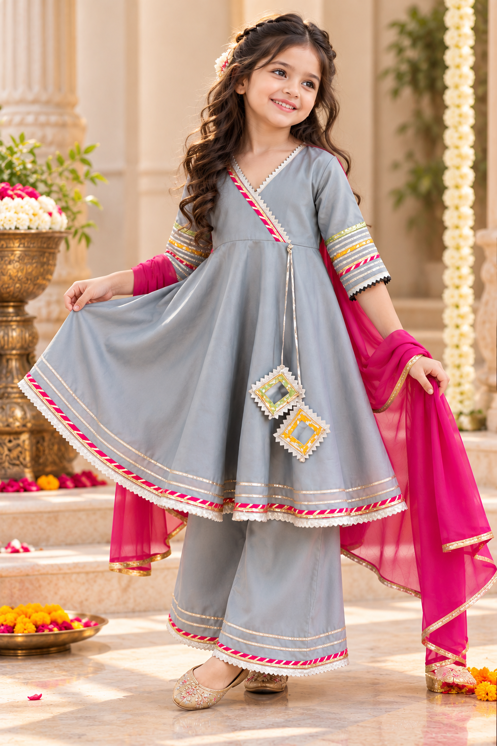 front look of Grey Gota Patti Anarkali Kurta Palazzo Set