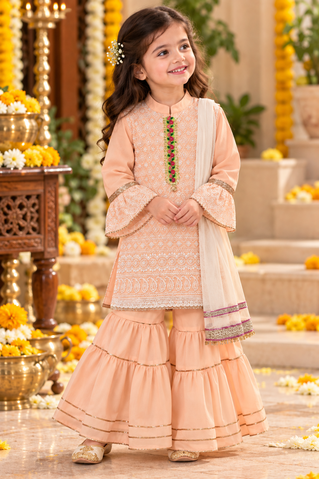 a girl is wearing Hovea Cotton Chickenkari Ethnic Partywear Sharara kurta Set for girls