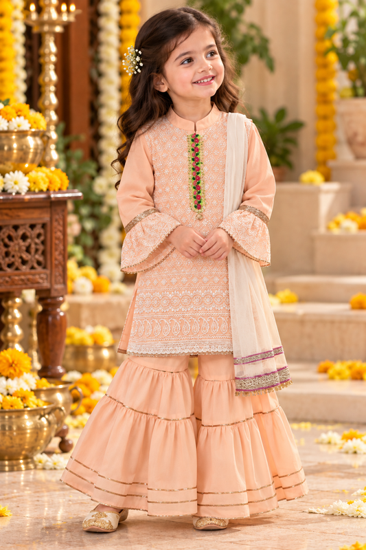 a girl is wearing Hovea Cotton Chickenkari Ethnic Partywear Sharara kurta Set for girls