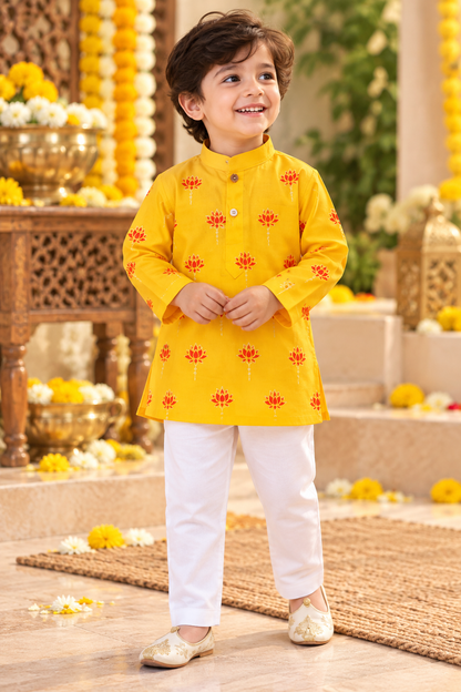 Hovea Infant kids Ethnic Wear  Mustard Yellow Hand Printed kurta set for Boys