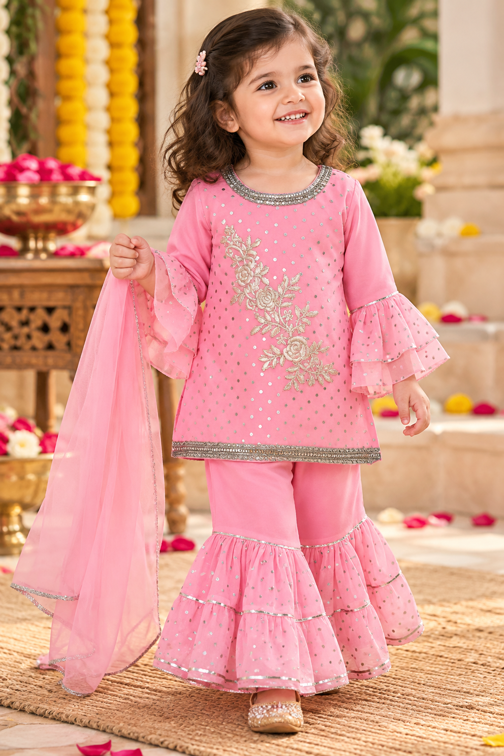 hovea Girls Pink Sharara Suit with Dupatta | Festive Ethnic Wear