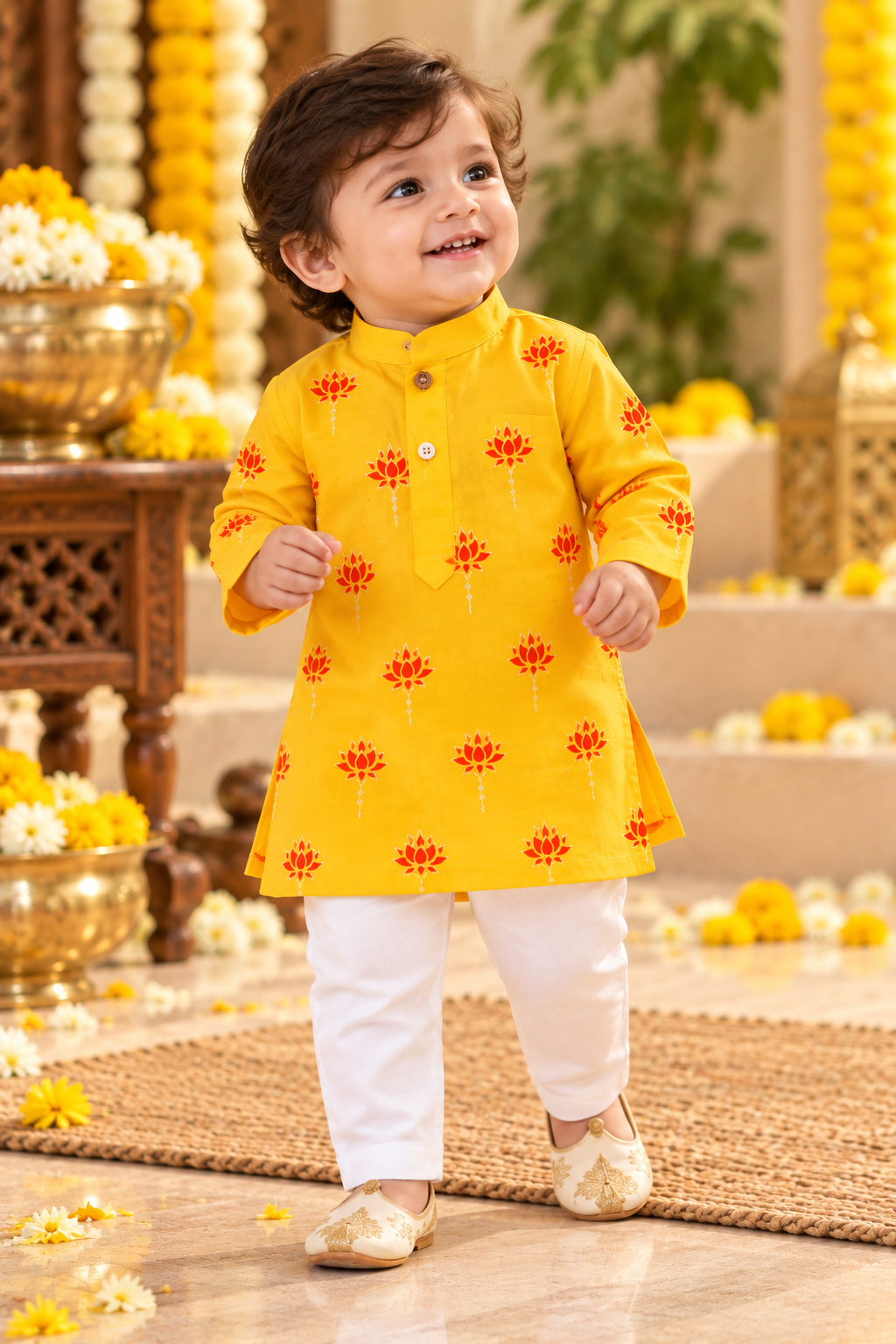 Hovea Infant kids Ethnic Wear  Mustard Yellow Hand Printed kurta set for Boys