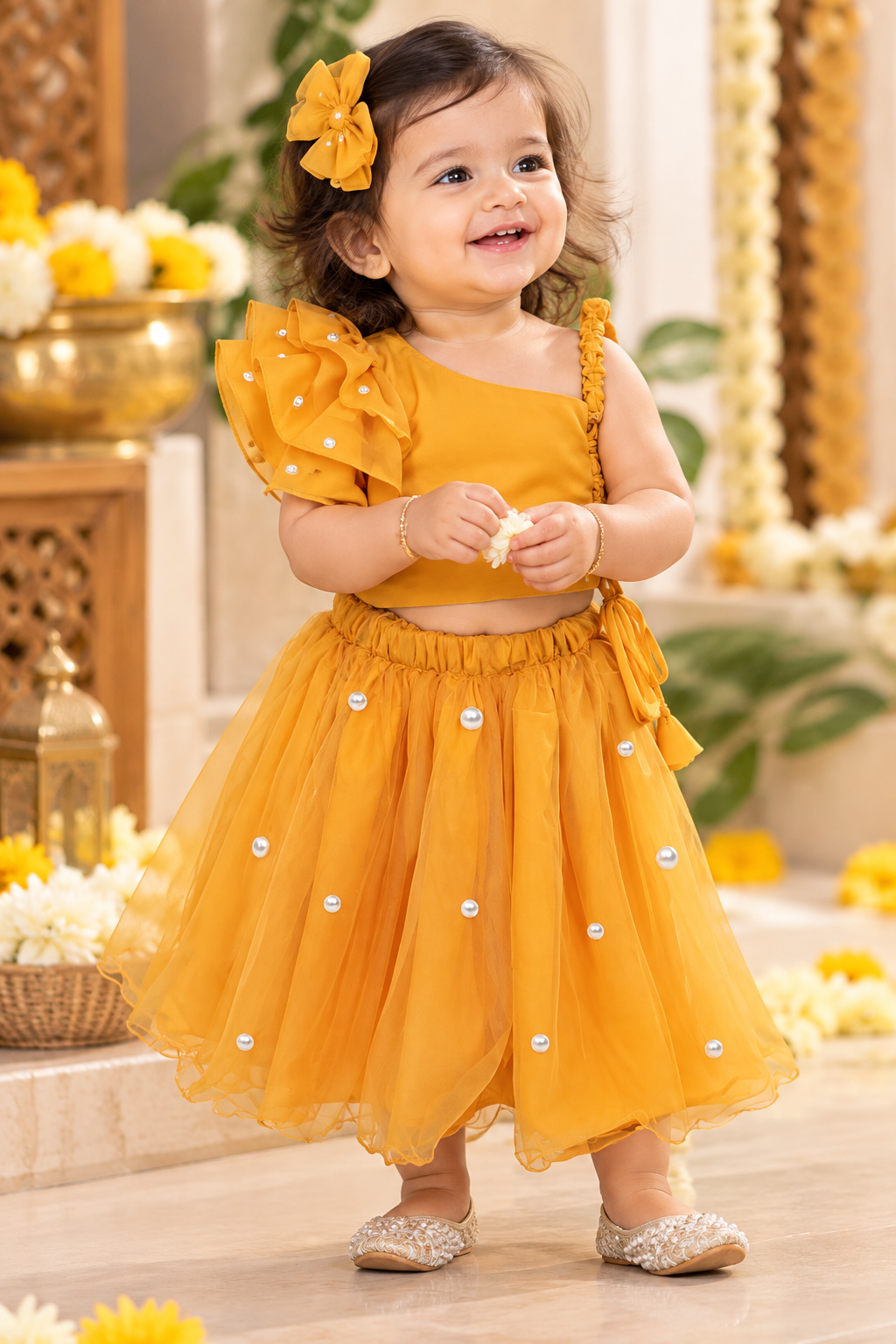 Hovea Ethnic Partywear 100% Cotton orange Lehengha Top set for girls