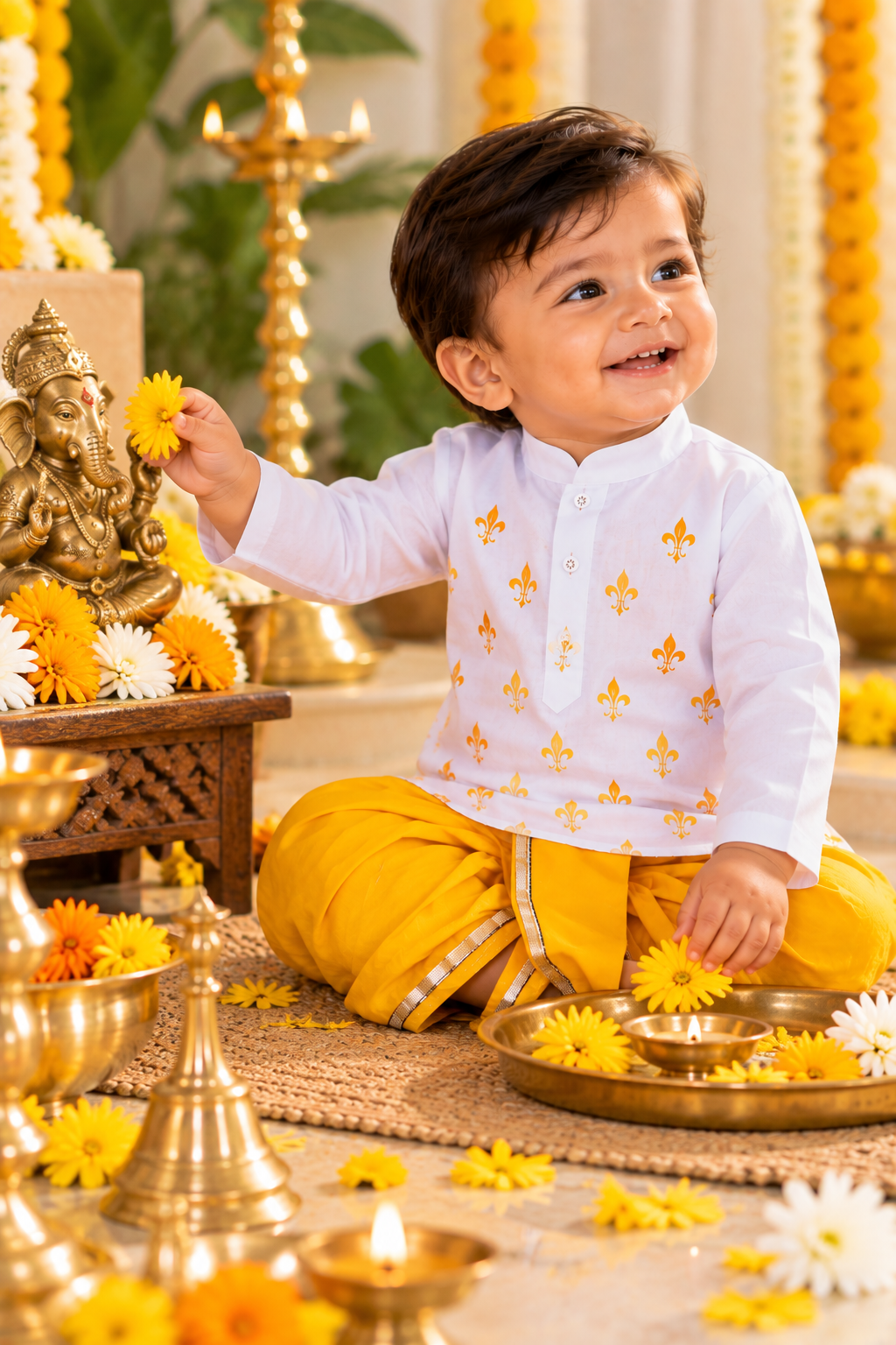 a smiling toddler wearing a white long-sleeve kurta with gold fleur-de-lis motifs and bright yellow pants, sitting on a jute mat surrounded by yellow marigolds, brass oil lamps, and a Ganesha statue.