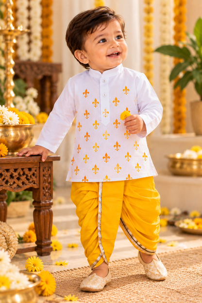 Baby boy wearing white printed kurta and yellow dhoti