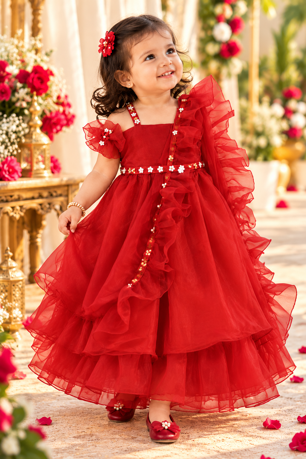 Girls Red Ruffle Party Dress | Organza Layered Occasion Dress – Hovea