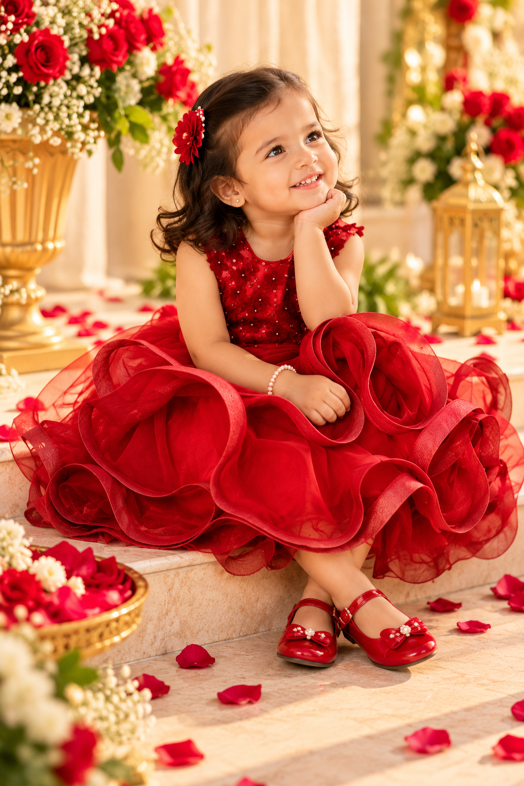 Girls red layered ruffle frock for birthday party