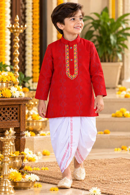 Hovea Kids Maroon cotton printed dhoti kurta Set for Boys